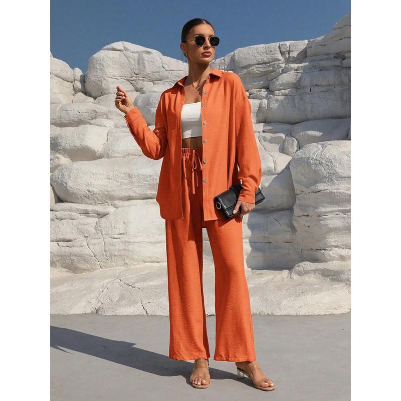 Women's Solid Button Front Shirt & Tie Front Wide Leg Pants Two-piece Set, Casual Drop Shoulder Long Sleeve Blouse Top & Trousers 2 Piece Set for Spring & Fall, Women's Clothes for Daily Wear Womenswear Suits Apricot Basic Minimalist