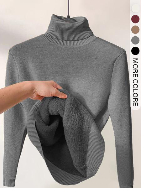 Women's Solid Thermal Lined Drop Shoulder High Neck Sweater, Casual Solid Long Sleeve Jumper For Daily Outdoor Wear, Women Knit Top for Fall & Winter