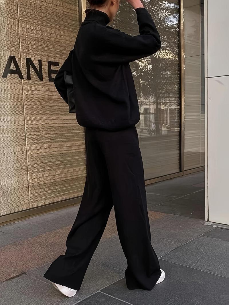 Women's Solid Turtleneck Tops & Wide Leg Pants Set, Casual Fashionable Cozy Long Sleeve Top & Trousers for Daily Casual Occasion Wear, Fall Clothes, 2 Piece Set, Women's Clothing for Fall, Downtown Girl Clothes