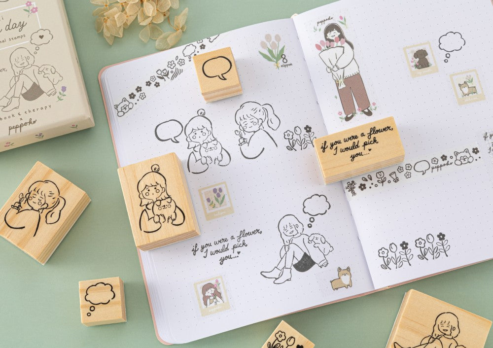 Tsuki Happy Day bullet journal stamps and washi tapes on bullet journal page