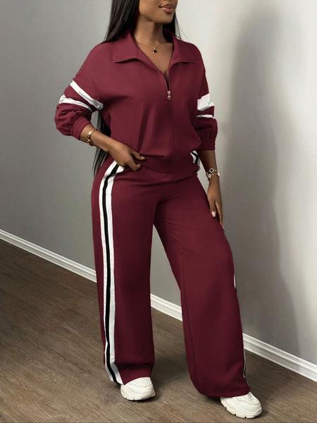 Women's Zipper Jacket & Striped Wide-Leg Pants Set, Streetwear & Casual, Two-Piece Suit for Daily Wear