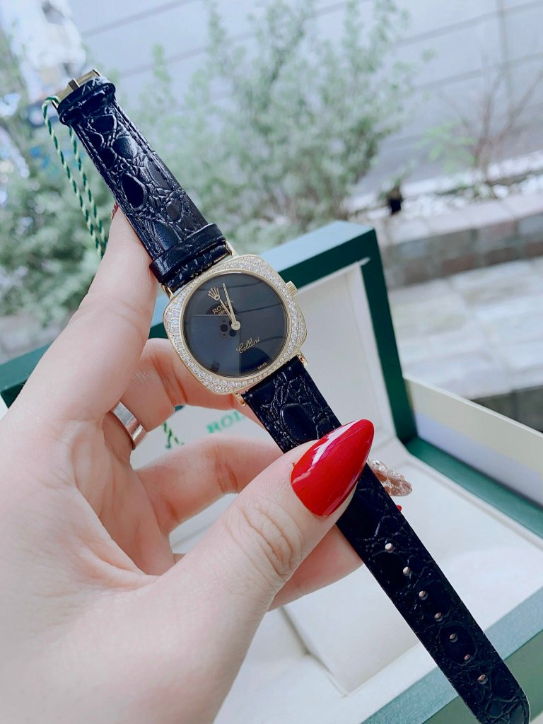 便宜的劳力士切利尼女士腕表，方形表盘，皮表带，镶钻，34毫米（6）