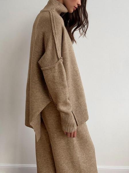 Women's 2 Pcs Sweater Set Autumn/Winter Long Sleeve Turtle Neck Drop Shoulder Solid Color Pullover Sweater and Wide Leg Pants, Women Fall Outfits, Winter 2 Piece Sweater Set, Women Pants Sweater Set, Fall Loungewear Set, Casual Sweater Set