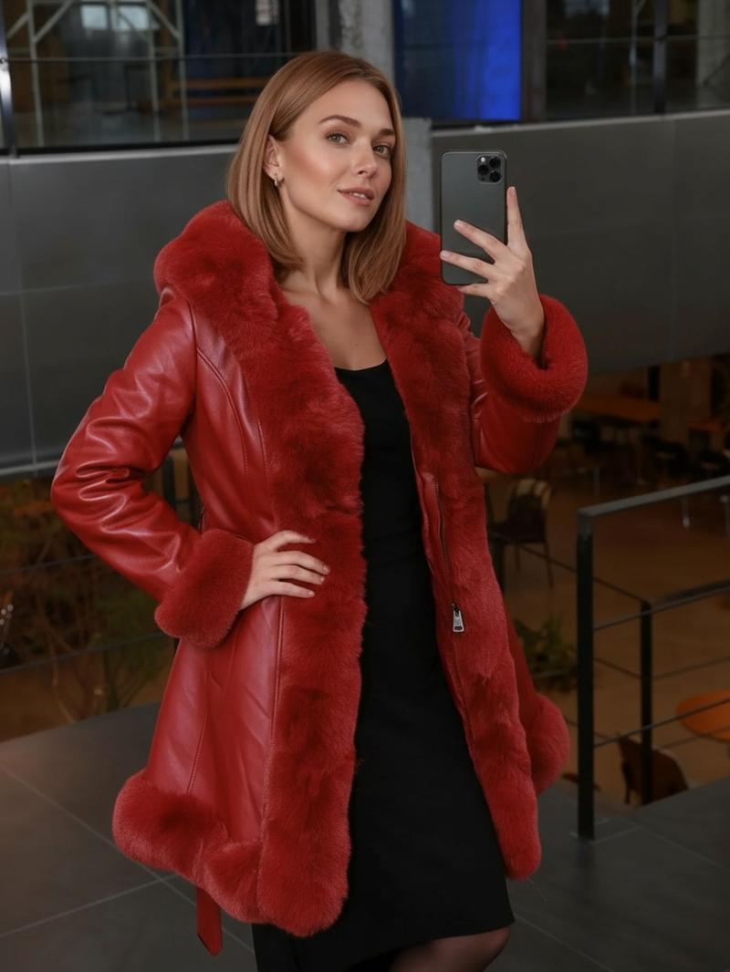 Women's Fall Winter Faux Leather Jacket with Detachable Belt, Long Sleeve Fitted Coat with Hood, Casual Warm Daily Wear