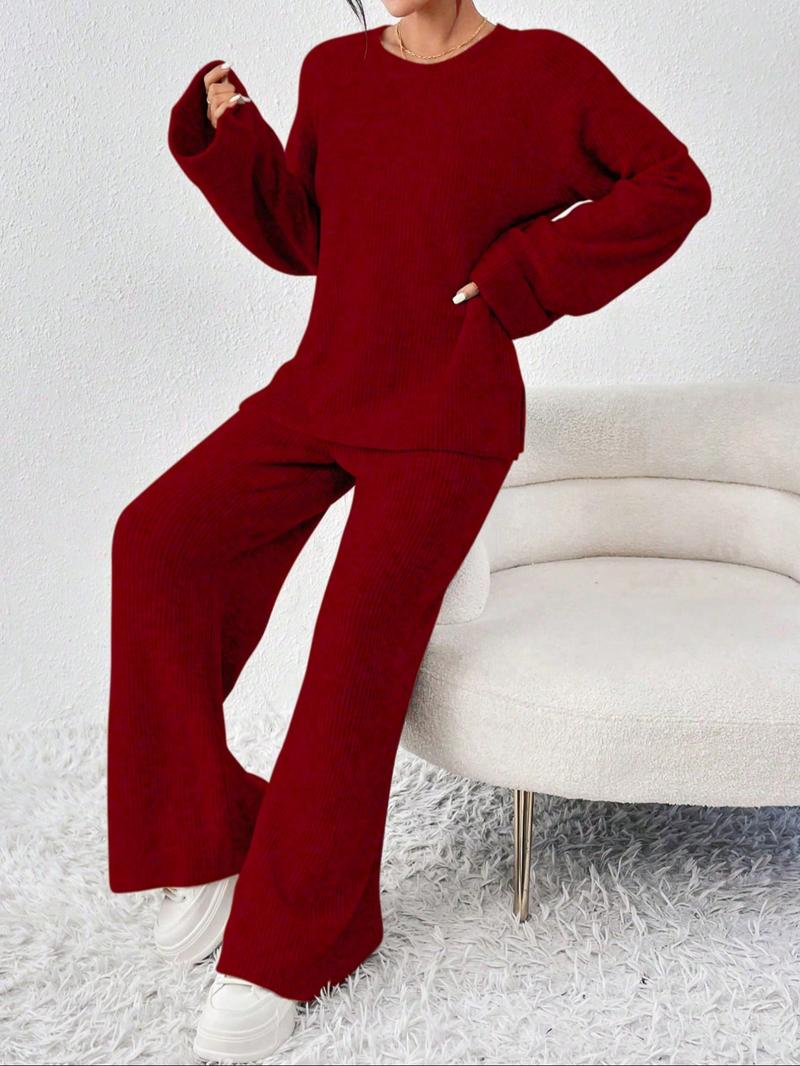 Women's Raglan Sleeve Split Sweater & Elastic Waist Pants Set, Basic Round Neck Top & Pants Sweater Set, Women's Autumn & Winter Clothing for Daily Wear.