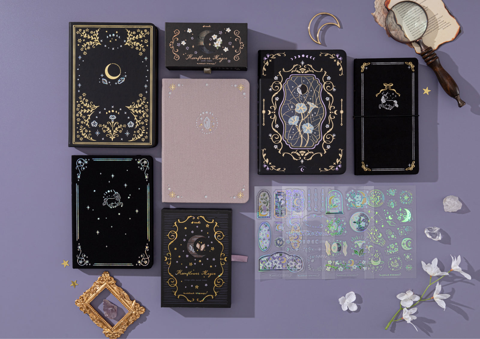 Notebook Therapy Tsuki Moonflower Magic Crystal Magic Notebook open with decorated journaling spread.