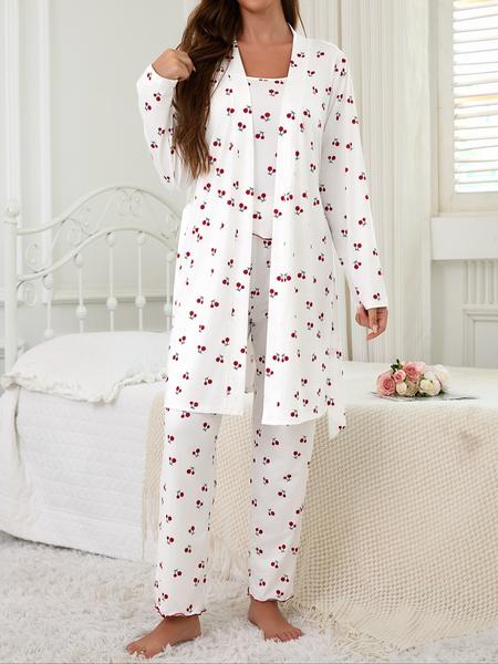 Cherry Print Women's Nightgown Set + Strap Pants, Comfortable Casual Home Wear, All-Season Fitted Sleepwear, Moderate Fabric