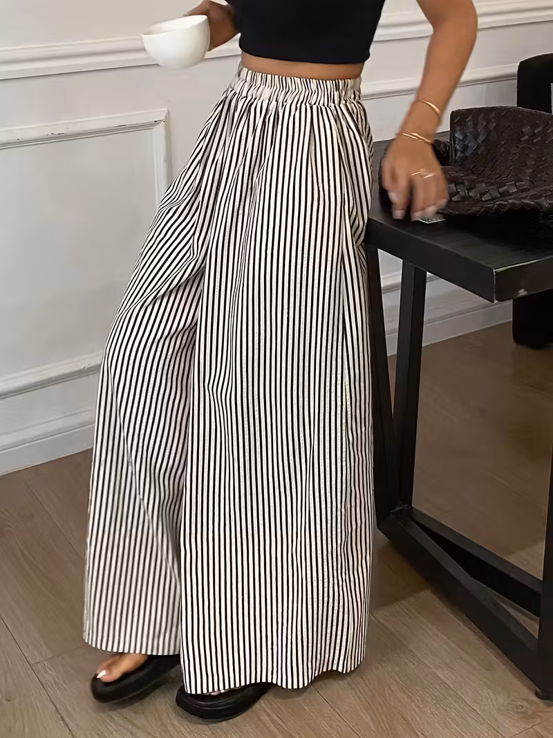 womens striped wide leg pants with elastic waist casual polyester machine washable high contrast vertical stripes comfortable   wear Product details 3