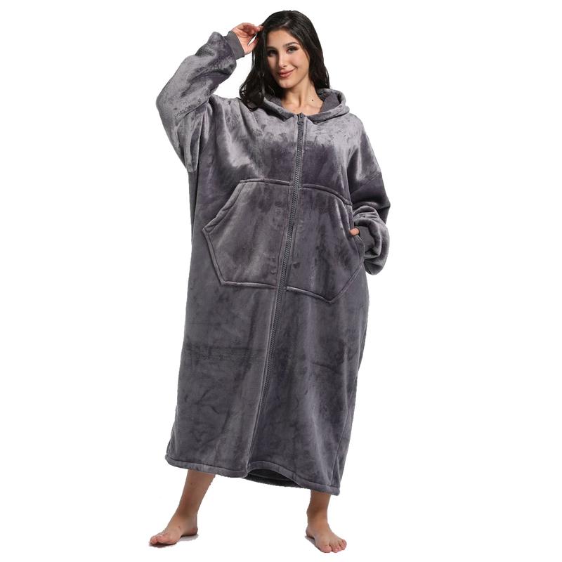 REDESS Flannel Sherpa Lined Pajamas Unisex Long Hooded Robe Zipper Front With Pockets Thick Warm for Fall Winter Nightwear Womenswear Loungewear Gowns Homewear