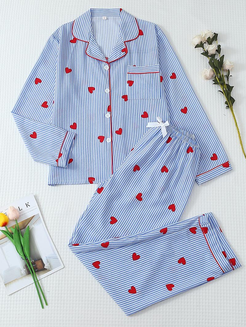Women's Striped Bow Print Long Sleeve Pajama Set, Sweet Cute Button Front Top and Pants, Casual Home Wear for All Seasons