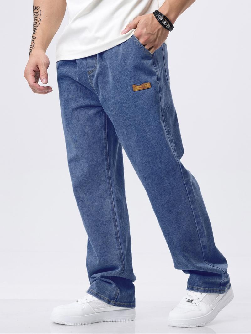 Men's drawstring elastic waist washed and distressed loose straight-leg jeans, non-stretchy denim pants, comfortable and loose fit. Suitable for daily casual wear, urban gatherings, and weekend fashion looks. A must-have trendy men's pants 🔥