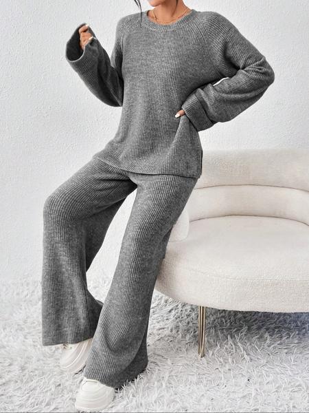Women's Raglan Sleeve Split Sweater & Elastic Waist Pants Set, Basic Round Neck Top & Pants Sweater Set, Women's Autumn & Winter Clothing for Daily Wear.