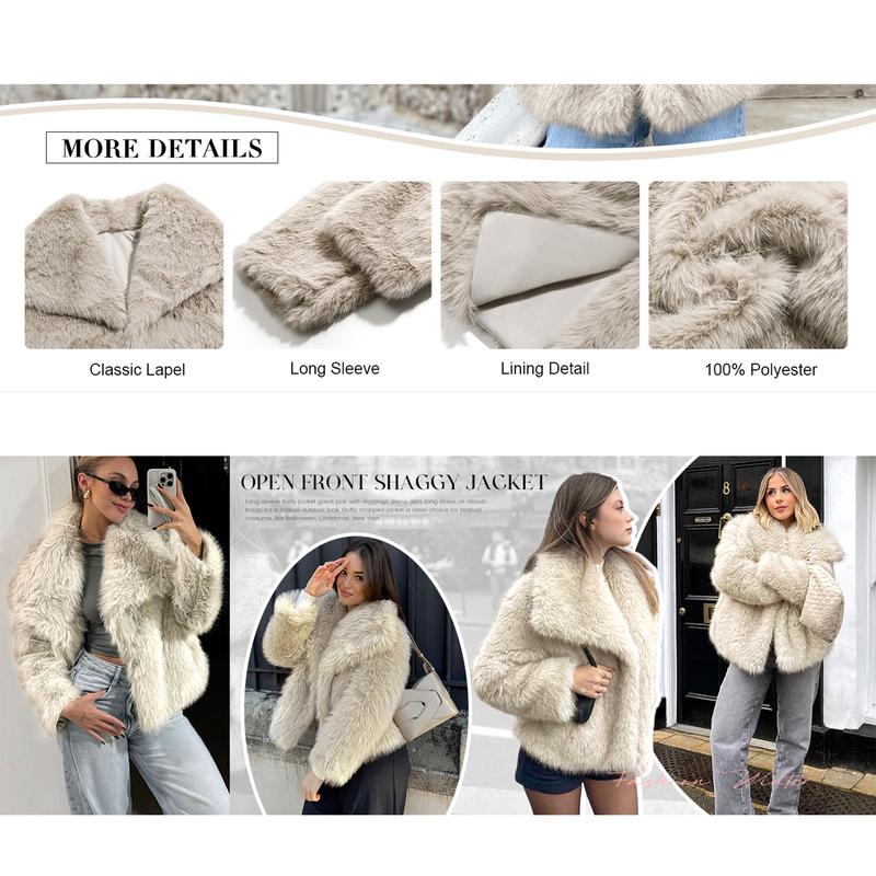 Buenoble Women's Brown Faux Fur Coat Winter Fluffy Short Jacket Warm Fuzzy Oversized Outwear Top Shaggy Collar Full Lining Short Jacket with Side Pockets