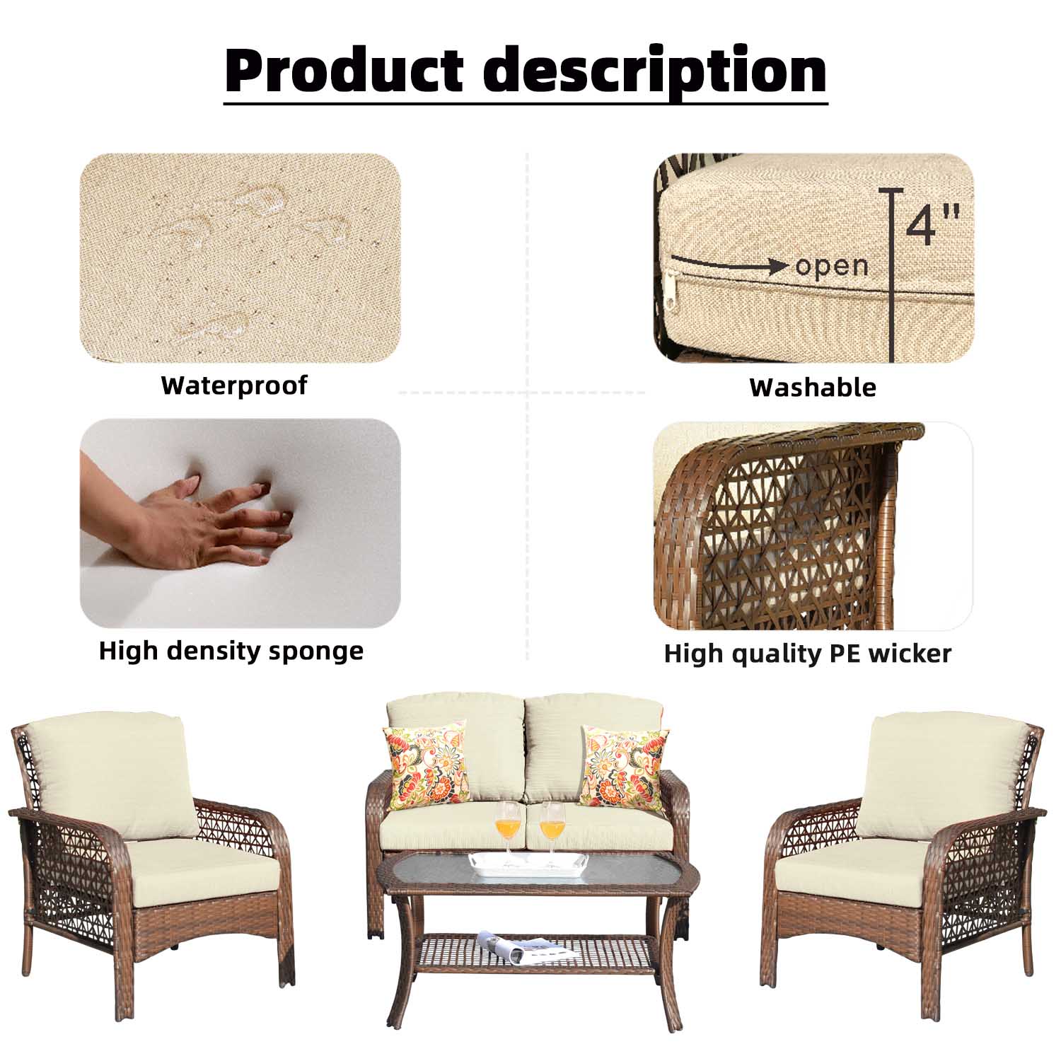 Ovios Patio Furniture Sets 4 Piece High Back