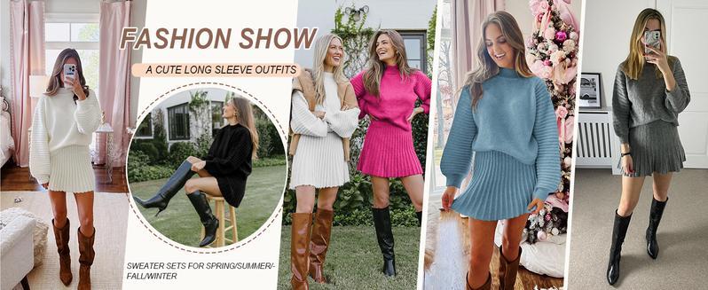Women's 2 Piece Outfits 2025 Long Sleeve Mock Neck Ribbed Sweaters And Mini Skirt Two Piece Sets