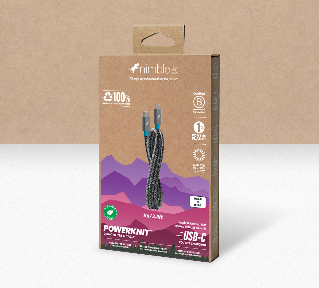 Packaging of Nimble PowerKnit USB-C to USB-C charging cable, eco-friendly design.