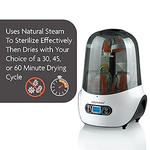 Sterilizes with Natural steam in increments of 30, 45, and 60 minutes