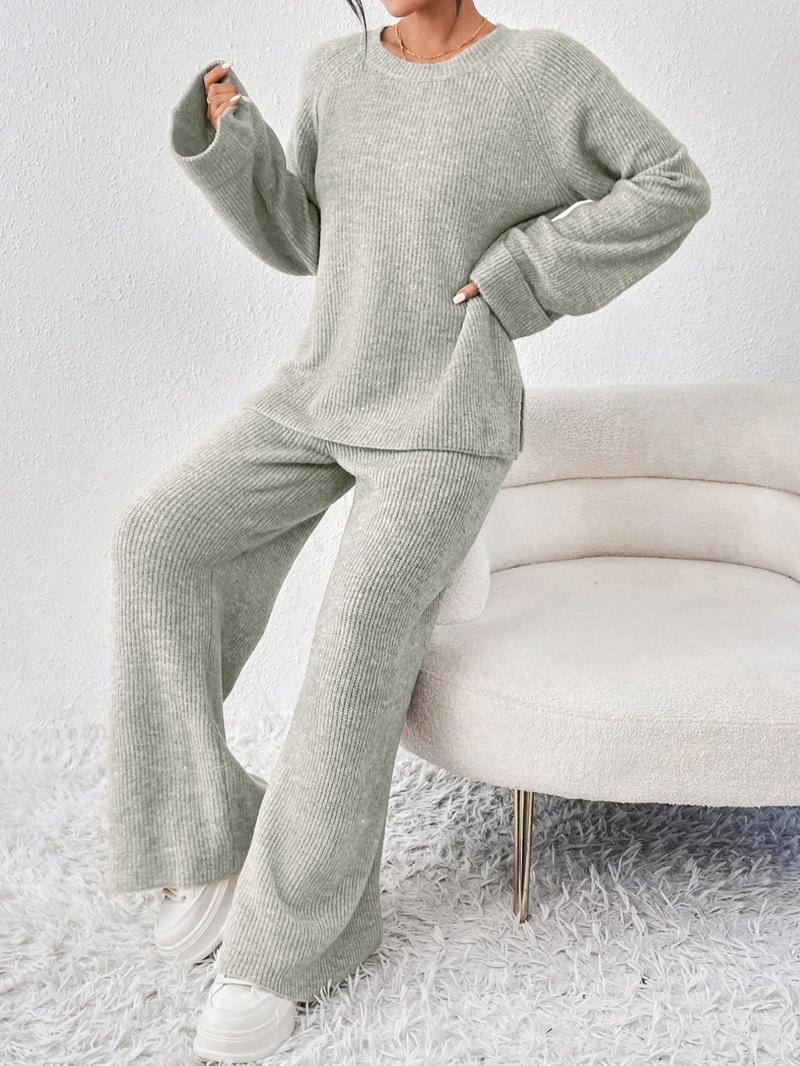 Women's Raglan Sleeve Split Sweater & Elastic Waist Pants Set, Basic Round Neck Top & Pants Sweater Set, Women's Autumn & Winter Clothing for Daily Wear.