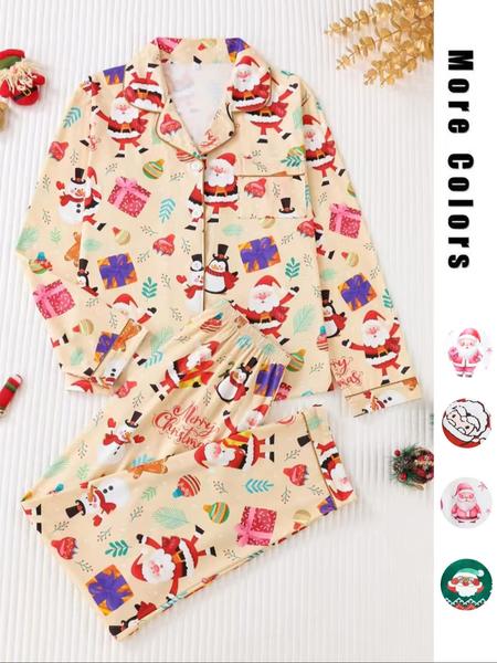 Two-piece Set Women's Christmas Print Button Front Pocket Shirt & Elastic Waist Pants Pyjama, Casual Comfy Long Sleeve Collared Top & Trousers Pyjama Set, Women's Sleepwear for Spring & Fall