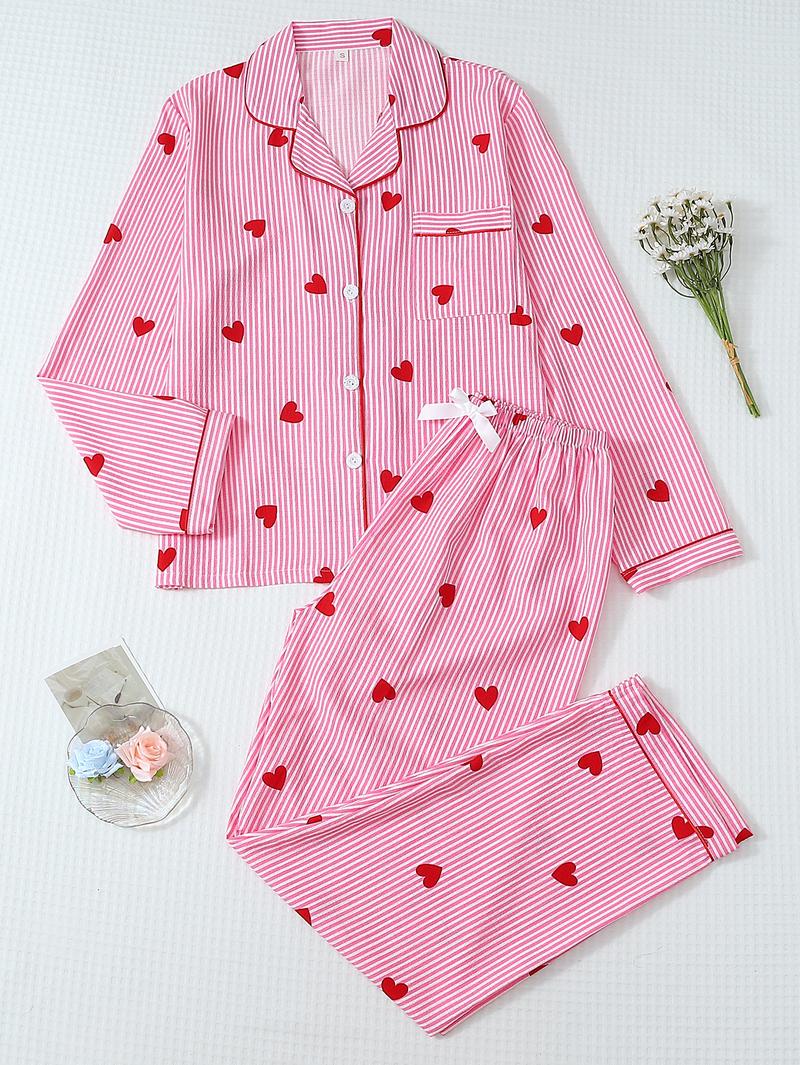 Women's Striped Bow Print Long Sleeve Pajama Set, Sweet Cute Button Front Top and Pants, Casual Home Wear for All Seasons