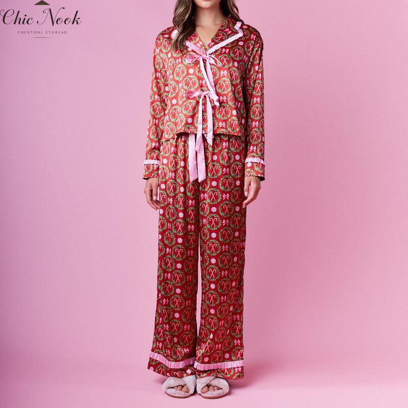 Women 2 Piece Pajamas Set Bow Print Tie Front Long Sleeves Shirt and Elastic Pants for Loungewear Soft Sleepwear