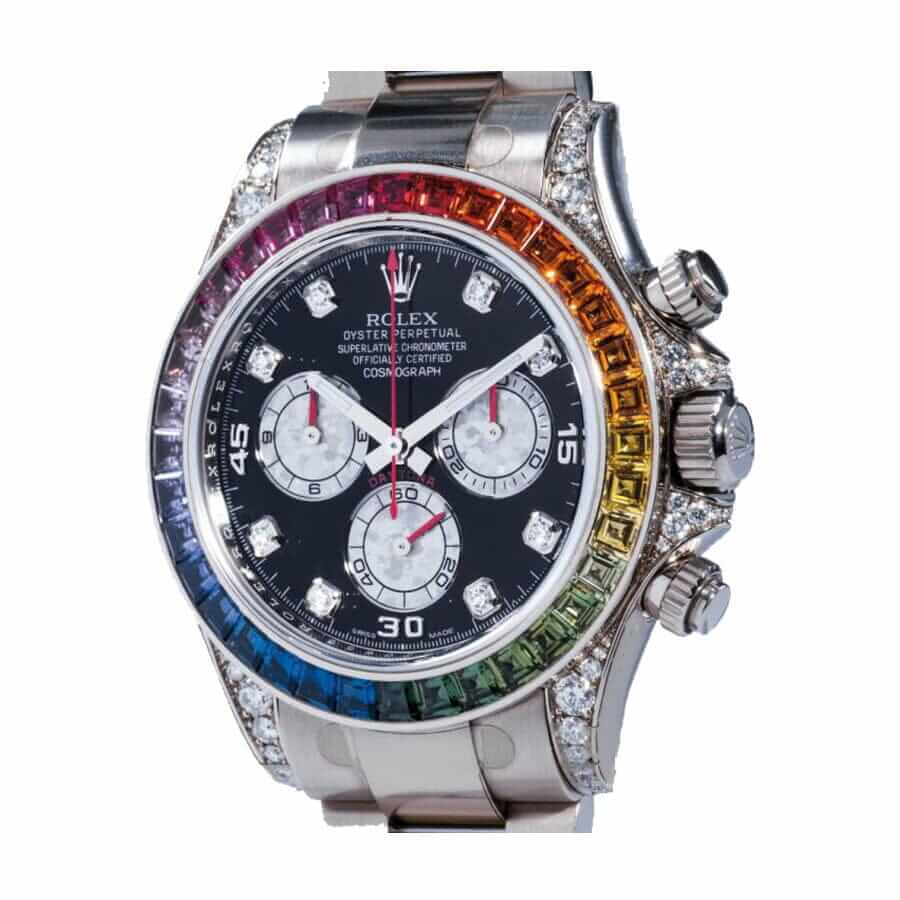 rolex daytona cosmograph white gold diamond set custom rainbow 116599rbow