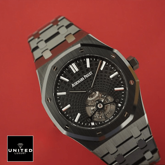 Audemars Pig?et Tourbillion Black Dial Steel Bracelet 26522CE.OO_.1225CE Replica red background