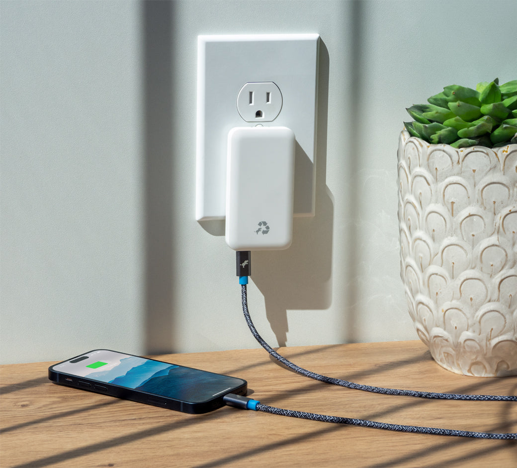 White charger powering a smartphone on a desk with a decorative plant nearby.
