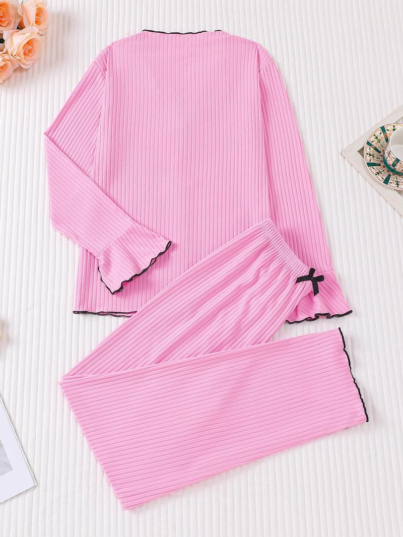 Women's Long Sleeve Top & Pants Pajama Set, Casual Comfy Bow Top & Trousers Pajama Set, Ladies Sleepwear for All Seasons