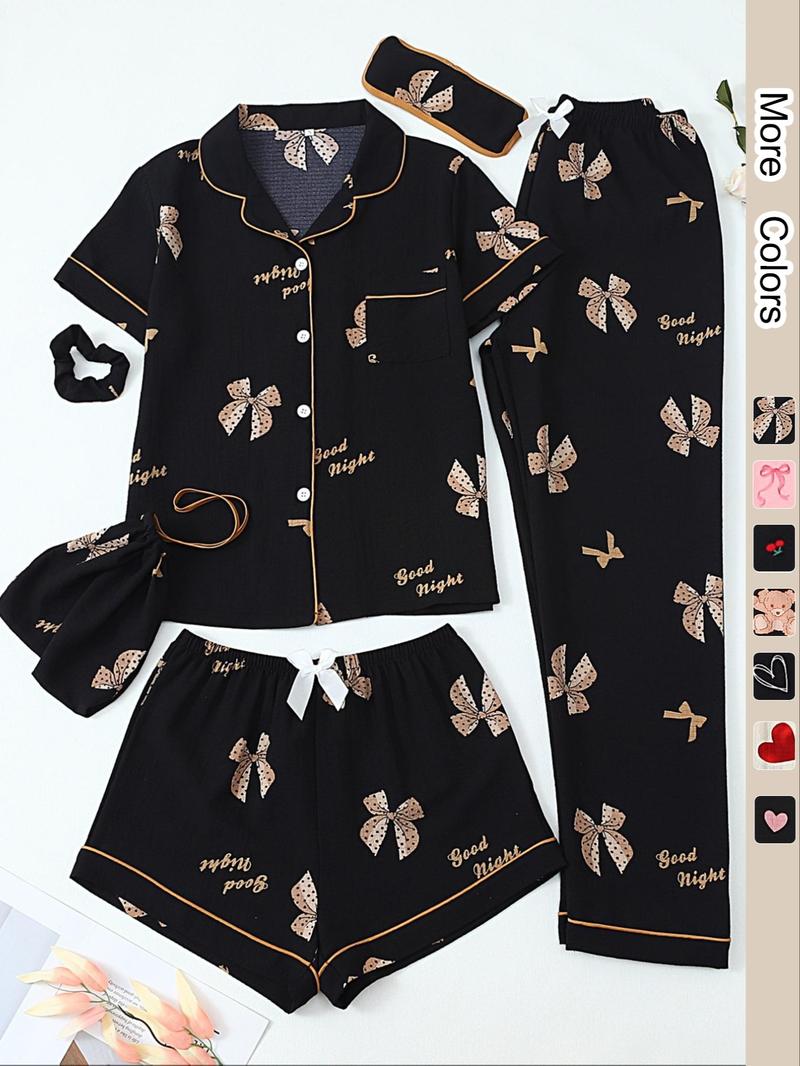 Women's All Over Print Top & Shorts & Pants & Accessories Pyjama Set, Casual Comfy Pj Set, Ladies Sleepwear for All Seasons