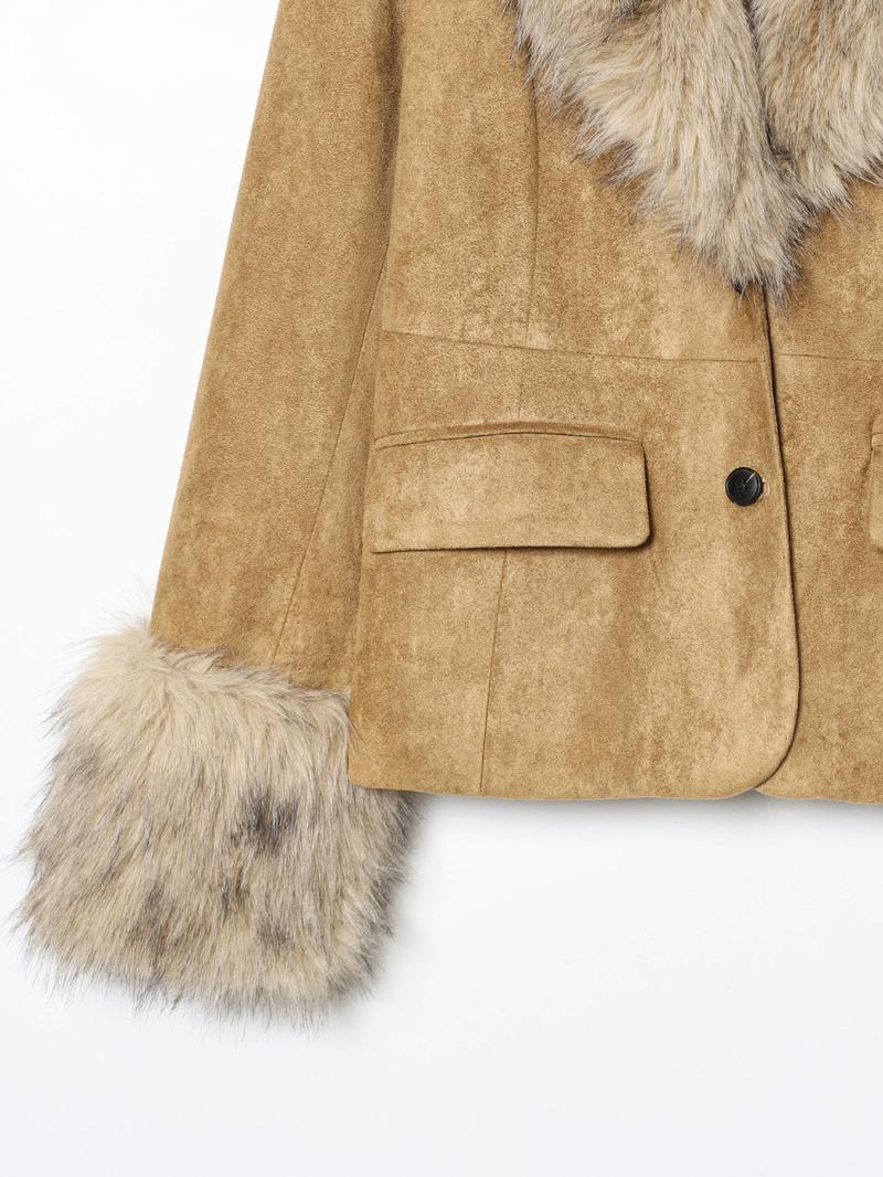 Women's Vintage Suede Jacket Coat, Faux Fur Trimmed Collar Cuffs and Button Design, Slim Fit Fall Winter Fashion Outerwear