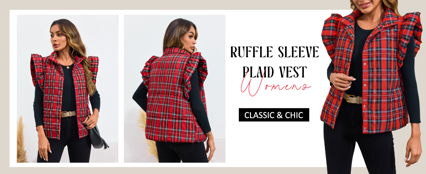 Womens Puffer Vests Outerwear Plaid Ruffle Sleeve Winter Button Down Sleeveless Padded Gilets