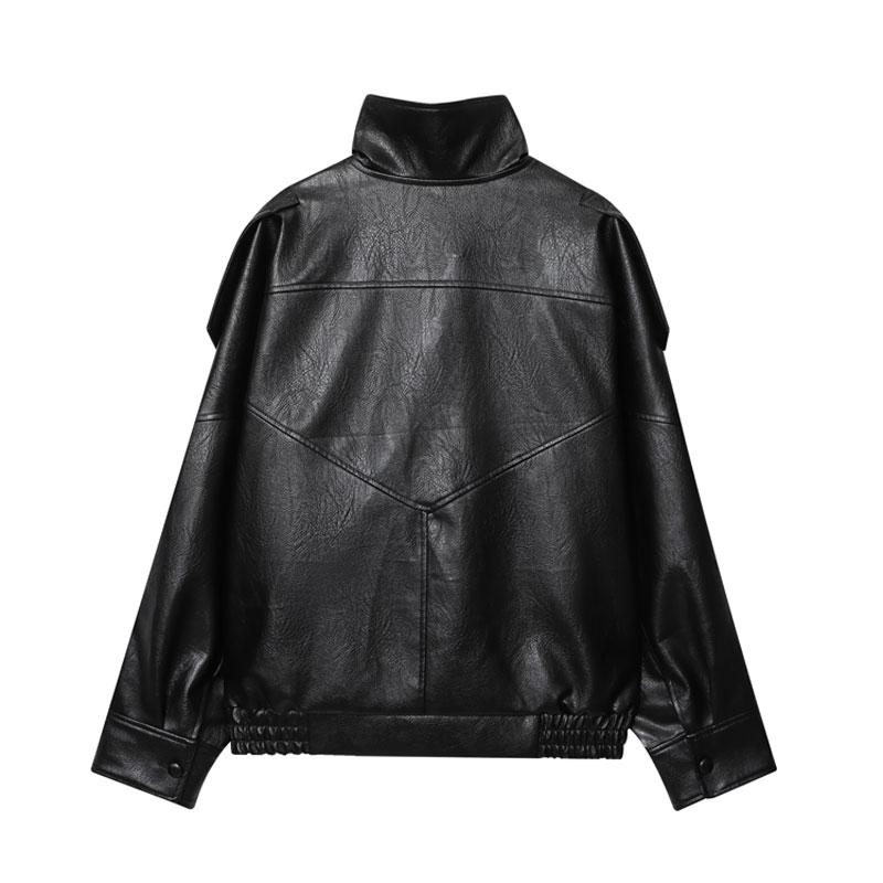 Black Faux Leather Jacket Stand Collar Oversized Moto Biker Jacket Elastic Hem Streetwear Casual Long Sleeve Waterproof Windproof Outerwear for Spring & Fall Ladies Clothes for Daily Wear - Coats active woman overcoat  line  dress slim-fitting style knit