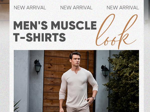 JMIERR Men's Plain Casual Muscle Shirts for Men Slim Fitted T Shirt V-Neck Longline Ribbed Tees Shirts Long Sleeve Gym Workout Athletic Menswear Tops,Men's clothing for Daily Wear,Fashion Outfits 2025