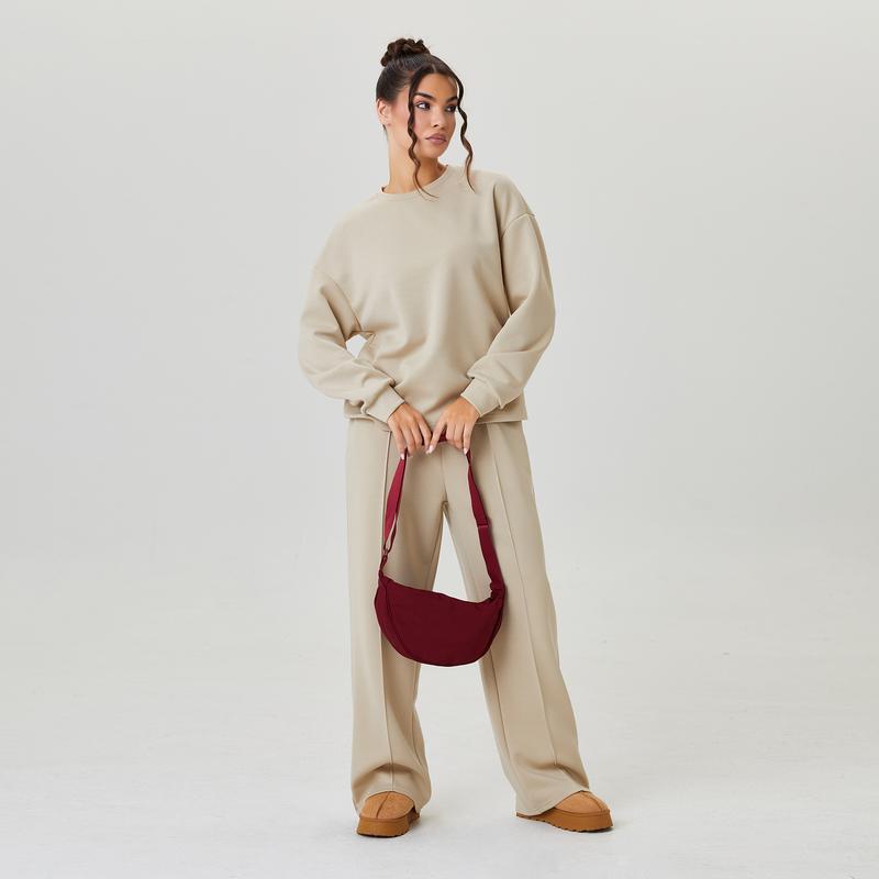 KatchMe Women's Casual Solid Color Loose Long Sleeve Top & Exposed Stitches Trousers Co-ord, Cozy Round Neck Top & Wide Leg Trousers Two Piece Outfits