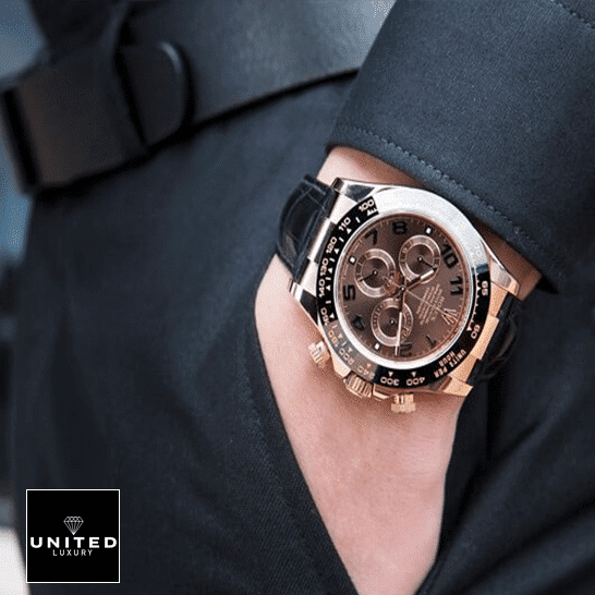 Rolex Daytona Cosmograph 116515LNBR Rose Gold Case Chocolate Dial Replica on is arm
