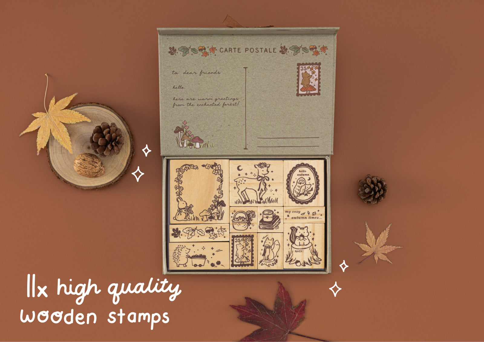 Open Forest Friends gift box showing 11 wooden stamps with cute forest animal and autumn designs.