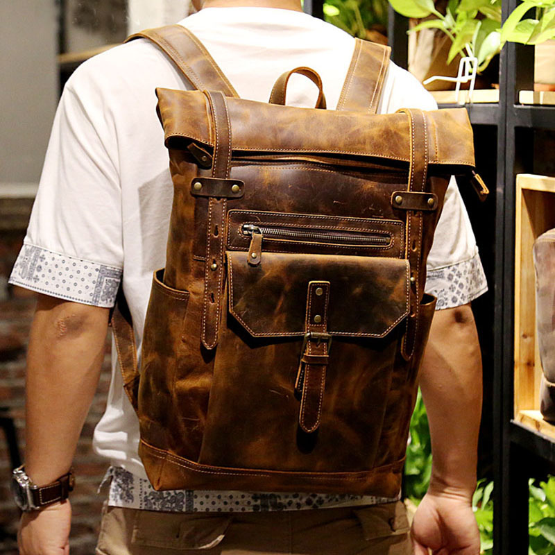 Outdoor Model Show of Woosir Leather Roll Top Backpack with Pockets