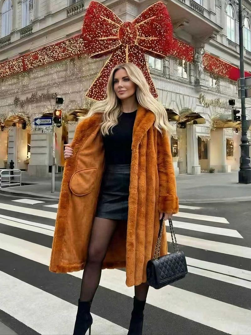 Women's Faux Fur Coat, Autumn Winter Fashionable Long Sleeve Jacket, Elegant Thick Retro Loose Fit Medium-Length Outerwear