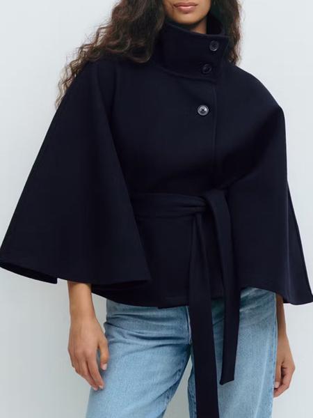 Women's Plain Front Buckle Belted Woolen Cape Coat, Casual Fall & Winter Outerwear, Stylish Daily Wear for Dating