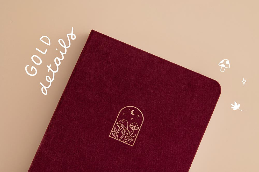 Tsuki ‘Kinoko’ Limited Edition Bullet Journal with gold details on beige background