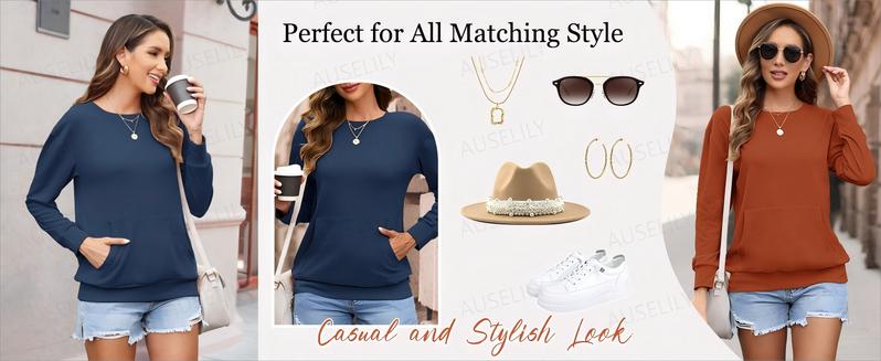 AUSELILY Women's Crewneck Hoodless Sweatshirt With Kangaroo Pocket Fleece Longsleeve Oversized Casual Style Shirt Lightweight Pullover