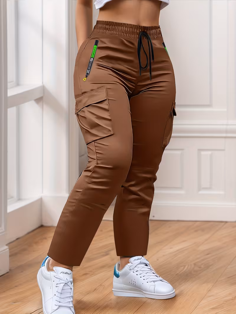 womens multi pocket cargo pants spring autumn thin style with zippered features and straight leg casual trousers for outdoor dates light brown 1 0