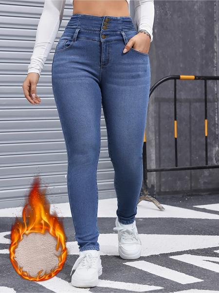Women's High Elasticity Fleece Lined Thick Denim Jeans, Fall & Winter Fashion, Comfortable Slimming Jeans, Elegant Style