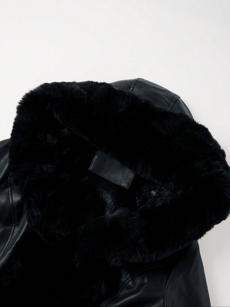 Women's Fall Winter Faux Leather Jacket with Detachable Belt, Long Sleeve Fitted Coat with Hood, Casual Warm Daily Wear