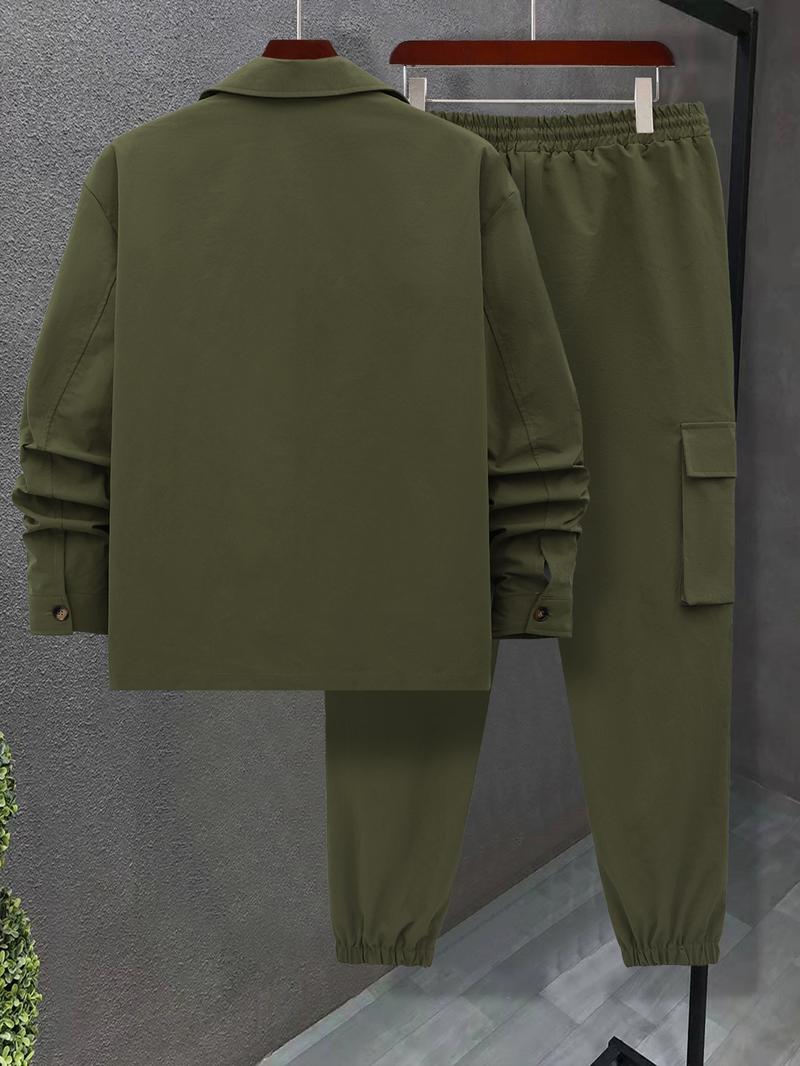 Men's Solid Color Pocket Button Front Shirt & Pants Two-Piece Set, Casual Long Sleeve Collar Top & Trousers Set, Men's Spring & Fall Clothes