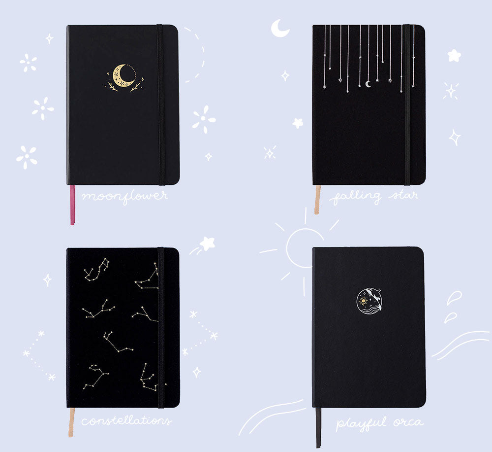Tsuki Black Paper Limited Edition Hardcover Bullet Journal in Moonflower and Falling Star and Constellations and Playful Orca on light grey background