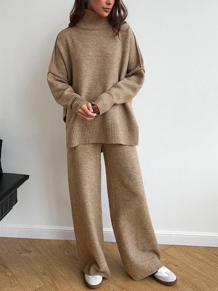 Women's 2 Pcs Sweater Set Autumn/Winter Long Sleeve Turtle Neck Drop Shoulder Solid Color Pullover Sweater and Wide Leg Pants, Women Fall Outfits, Winter 2 Piece Sweater Set, Women Pants Sweater Set, Fall Loungewear Set, Casual Sweater Set