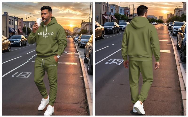 Men's Milano Printed Hoodie and Drawstring Sweatpants Set, Menswear, Casual Athletic Long Sleeve Hooded Jacket & Trousers for Fall & Winter, Men's Clothing for Daily Wear, Sportswear Indoor Outdoor, Tracksuit, Athleisure Summer Clothes