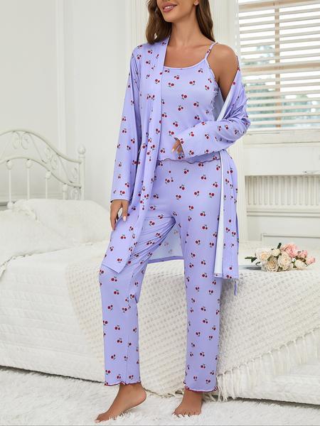 Cherry Print Women's Nightgown Set + Strap Pants, Comfortable Casual Home Wear, All-Season Fitted Sleepwear, Moderate Fabric